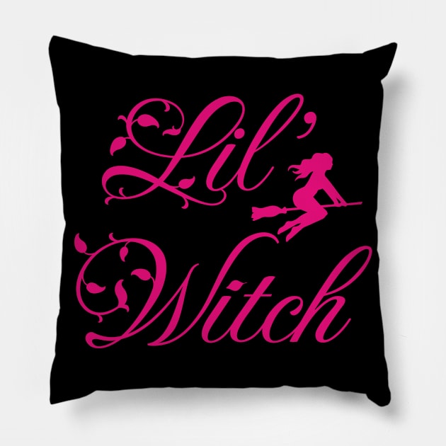 Lil' witch; little witch; girl; Halloween; trick or treater; cute; hot pink; black; witches; broom; magic; Pillow by Be my good time