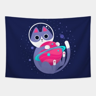 Astronaut Cat Playing in Outer Space Tapestry