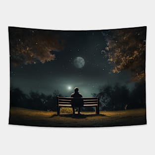 Lonely Bench Night Sky Moon Sad Alone Magical Universe Stargazing Tapestry