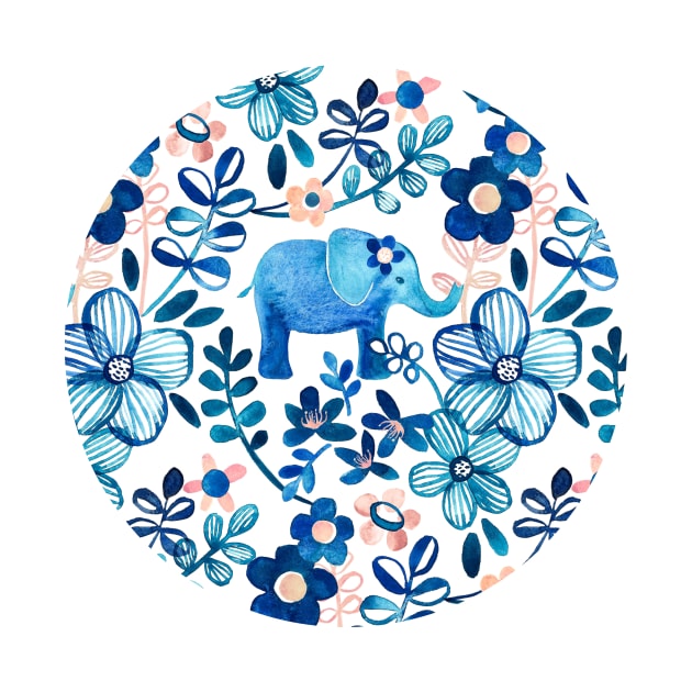 Blush Pink, White and Blue Elephant and Floral Watercolor Pattern by micklyn