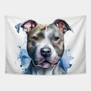 Pitbull Terrier Watercolor Portrait with Blue Accents Tapestry