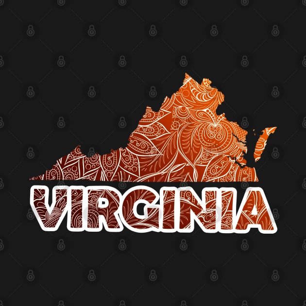 Colorful mandala art map of Virginia with text in brown and orange by Happy Citizen