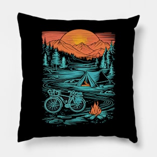 Bicycle Camping Mountains Nature Excursion Pillow