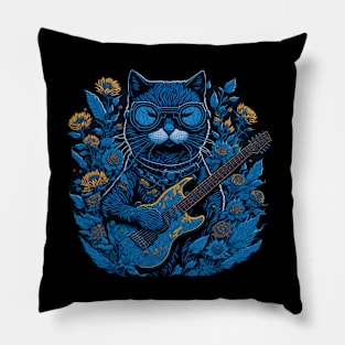 Cat with Guitar and Flowers Pillow