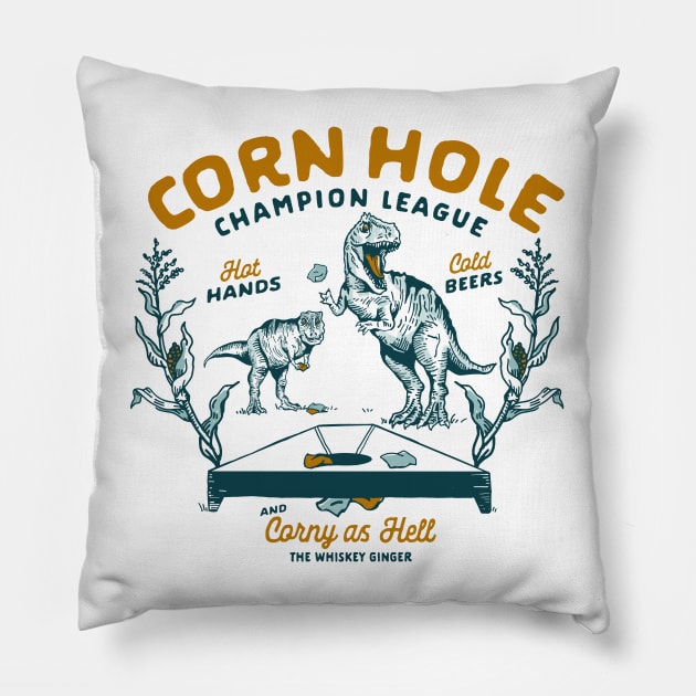 Cornhole Champion League: Funny T-Rex & Beer Art Pillow by The Whiskey Ginger