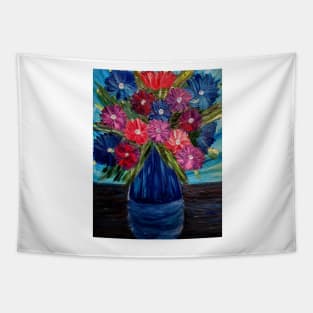 A lovely boutique of abstract vibrant bright colorful  flowers in a tall glass vase Tapestry