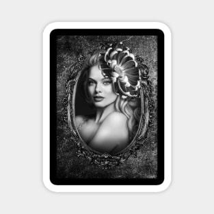 Black and white beautiful girl portrait gray flower dark lips digital artwork Magnet