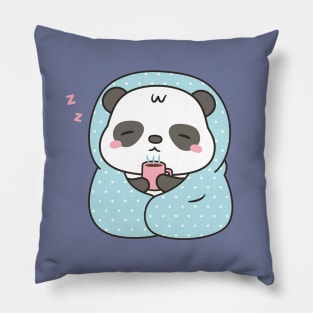 Cute Sleepy Panda With Coffee and Blanket Pillow