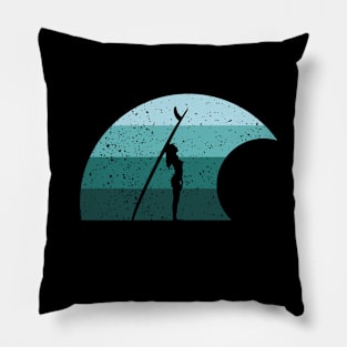 Retro Surfer Girl Wave Blue Pillow