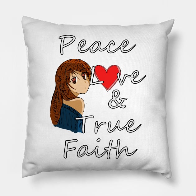 Peace, Love and True Faith Pillow by sk3tch