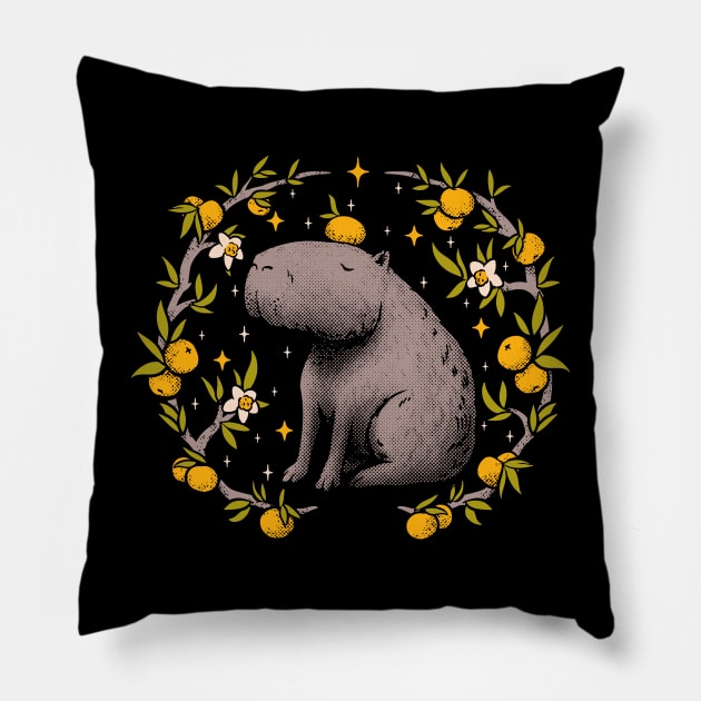 Goblincore Aesthetic Capybara Chilling With Orange on Head | Cottagecore Capy Yuzu Citrus Fruit Blossom Flowers Meditating - Dreamcore Fairytale Mycology Fungi Shrooms Forager Foraging Pet Mat Bandata Pillow by anycolordesigns