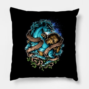 lion versus horse illustration Pillow