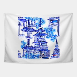 Blue and white pagodas and trees Tapestry