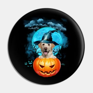 Yellow Labrador Witch Hat Pumpkin And Blue Moon Halloween Pin