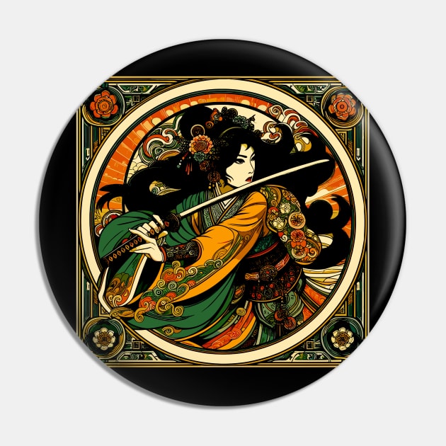 Chinese Swordswoman in a Mucha Art Nouveau Style Pin by RCDBerlin