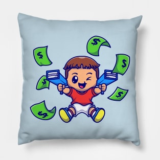 Cute Boy With Money Gun Cartoon Pillow