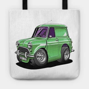 Cartoon drawings of Morris Mini van 1000 Green Tote