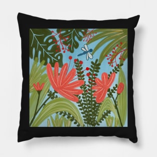 Jungle flowers with blue dragonfly Pillow