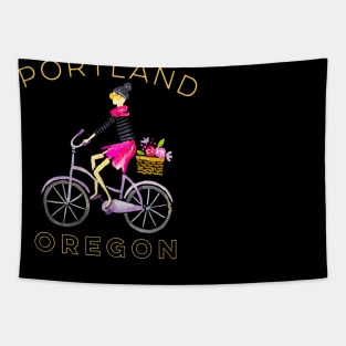 Portland Oregon Watercolor With Cute Girl Bicycling Tapestry