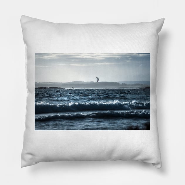 Rhosneigr kite surfer Pillow by geoffshoults