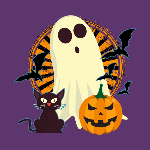 Halloween Ghost Cat Pumpkin Bats - Halloween - Pin | TeePublic