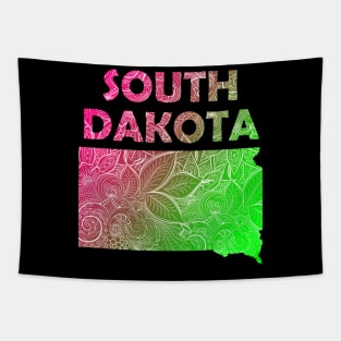 Colorful mandala art map of South Dakota with text in pink and green Tapestry