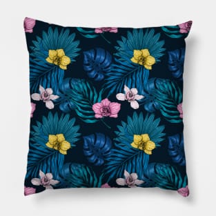 Orchids and palm leaves, pink, yellow and blue Pillow