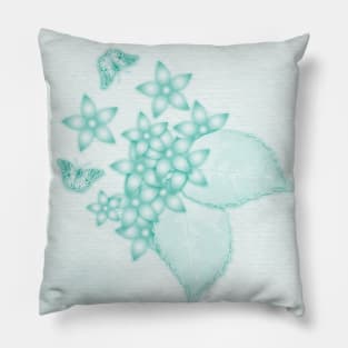 teal flowers and butterflies on subtle textured background Pillow