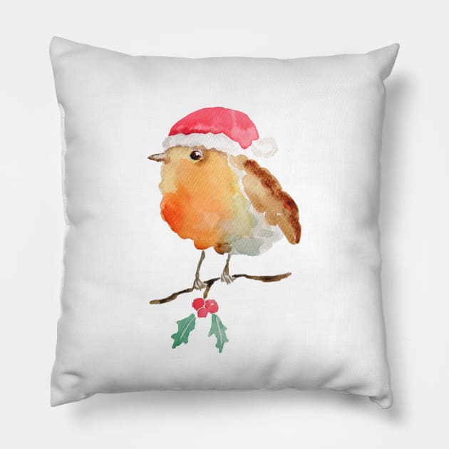 Robin Christmas bird watercolor Pillow by colorandcolor