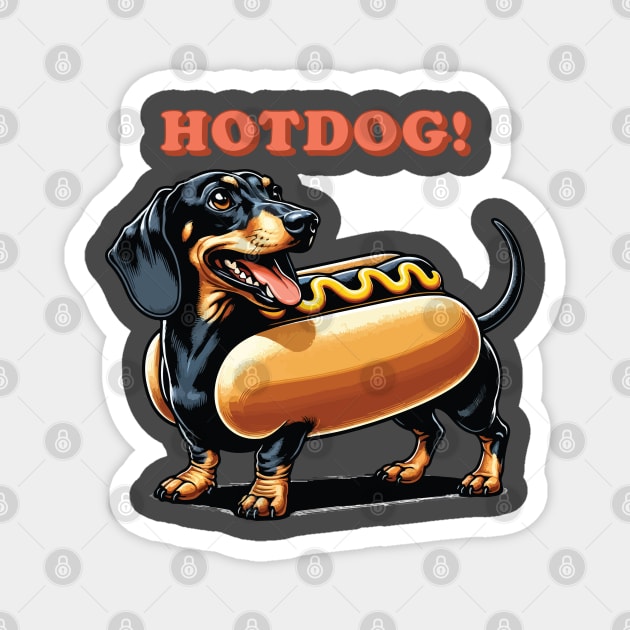 Wiener Dog Hotdog | Long Dachshund Black & Tan Dog in Bun Suit | Sausage Dog Magnet by BraaiNinja