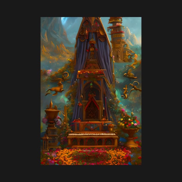 Surreal Magical Alter and Tower in Beautiful Landscape with Birds, and Flowers by the Mountains by hclara23