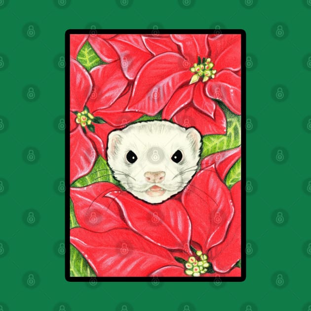 Ferret in Poinsettias - Black Outlined Version by Nat Ewert Art