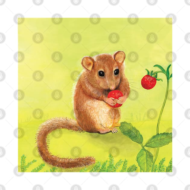 Hazel (or Common) dormouse eating woodland strawberry by Julia Doria Illustration