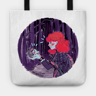 Red haired girl (Maple) with a cute hedgehog (Muffin) in the forest at night Tote