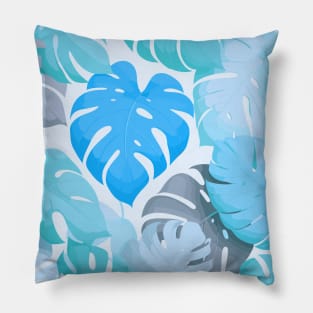 Blue Monstera Tropical Leaves Pillow