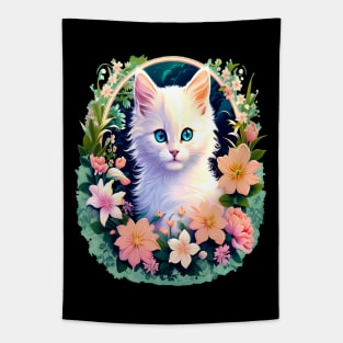 Beautiful White Kitten Surrounded by Spring Flowers Tapestry