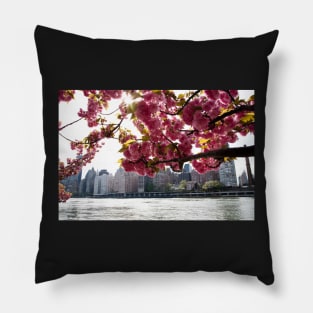 Manhattan Through the Cherry Blossoms. Springtime color photo. Pillow