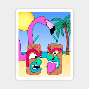 Funny Pink Flamingo and Tiki Drink - Summer Vibes Magnet