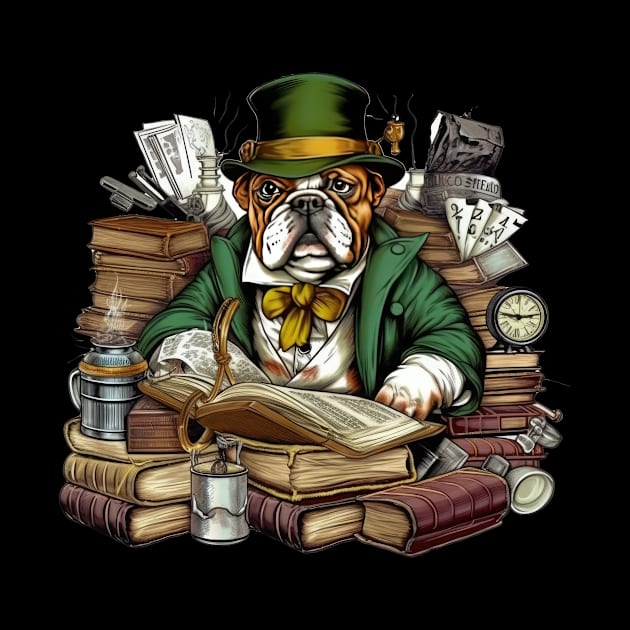 Accountant English Bulldog t-shirt design, a bulldog wearing a green visor and holding a ledger by teestore_24