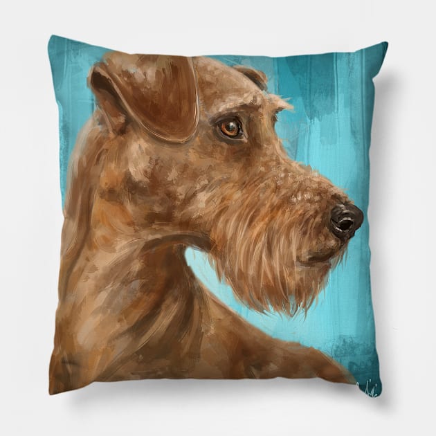 Painting of a Gorgeous Irish Terrier with a Light Brown Coat and Beard on Blue Background Pillow by ibadishi