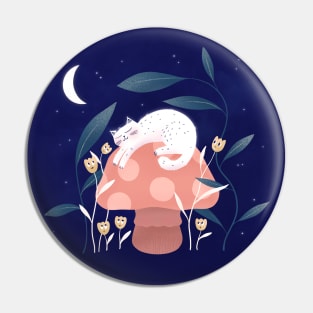 Cute white cat, mushroom and curious flowers, version 5 Pin