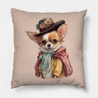 Chihuahua wearing a fancy red cloak and flower covered hat Pillow