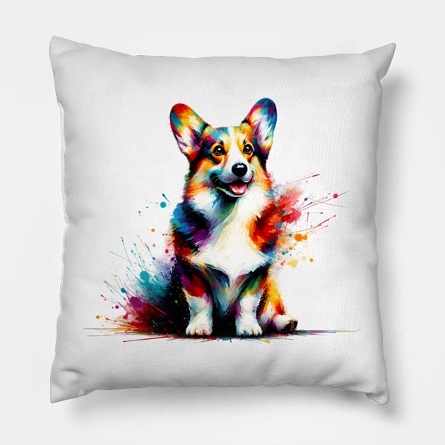 Joyful Colorful Splash Cardigan Welsh Corgi Portrait Pillow by ArtRUs