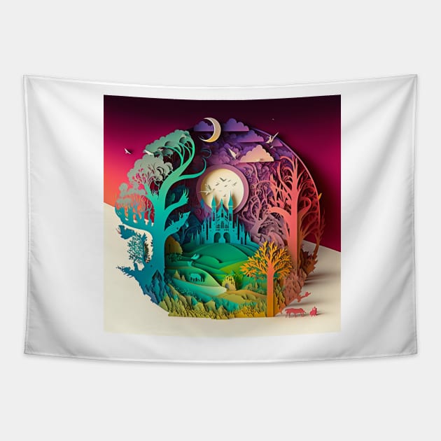 3D Effect Papercut Art - Fairytale Scene Tapestry by TheArtfulAI