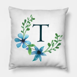 Floral Monogram T Pretty Blue Flowers Pillow