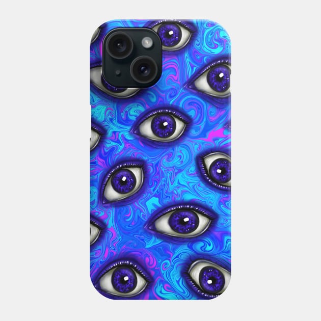 Trippy Psychedelic Blue Eyes on Vivid Bright Neon Blue Green Purple Turquoise Swirl Background Phone Case by galaxieartshop