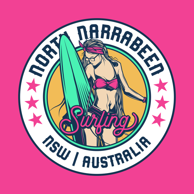 Retro Surfer Babe Badge North Narrabeen Beach New South Wales NSW Australia by Now Boarding