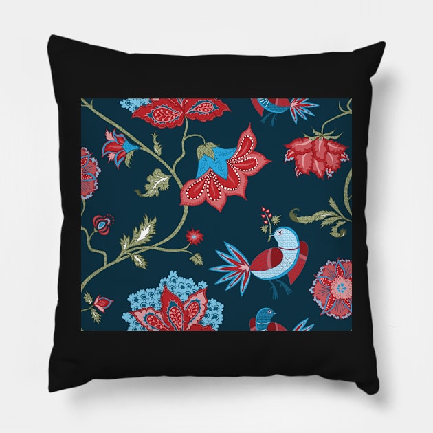 Exotic chintz with bird - dark blue / red Pillow by kobyakov