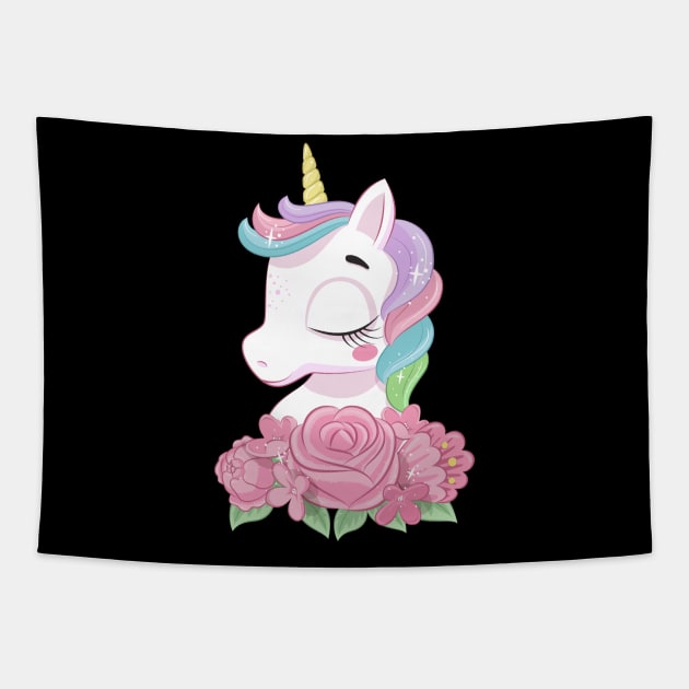 cute magical unicorn with flowers tshirt Tapestry by Tshirt lover 1