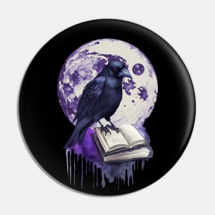 Raven reading books, full moon, witch, Halloween, crow, raven, corvid, books, magic, witchcraft, Wicca Pin